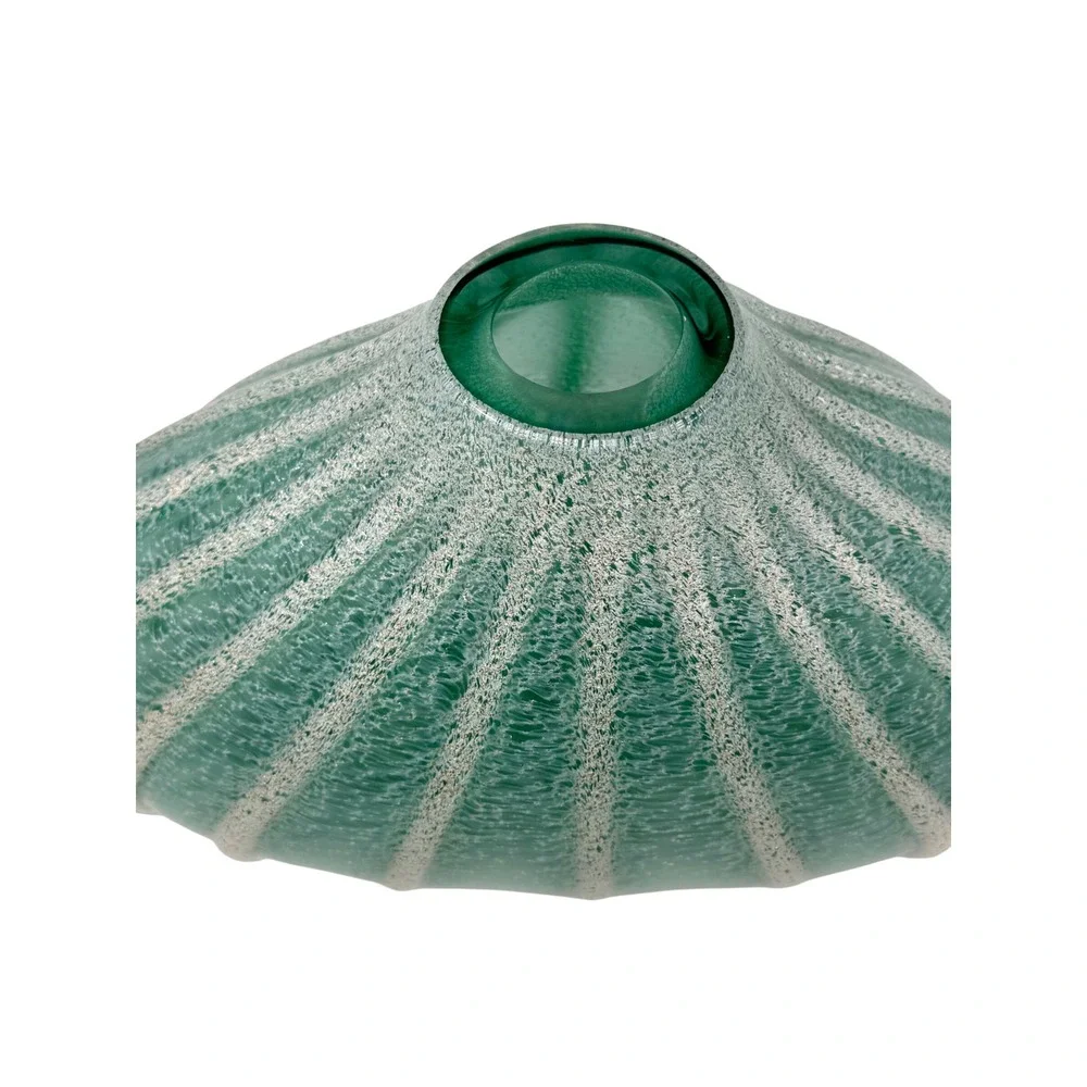 Art Glass Ribbed Urchin Vase 17x11 Teal Green Gold Fleck Coastal MCM Decor